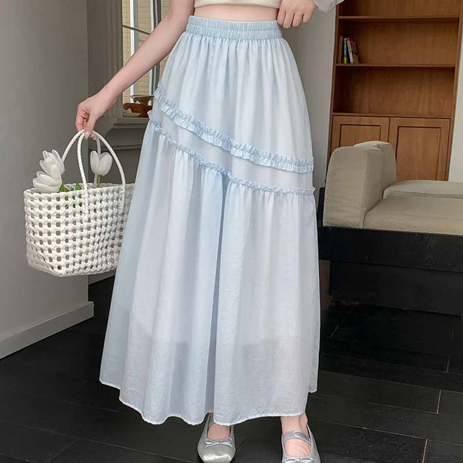 ショッピングゴー shoppinggo Aラインスカート レディース かわいい Aライン マキシ丈 フレアスカート ロング ひざ下 フリル ハイウェスト ボトムス 着痩せ 通勤 オシャレ フレア裾 （ホワイト） ホワイト