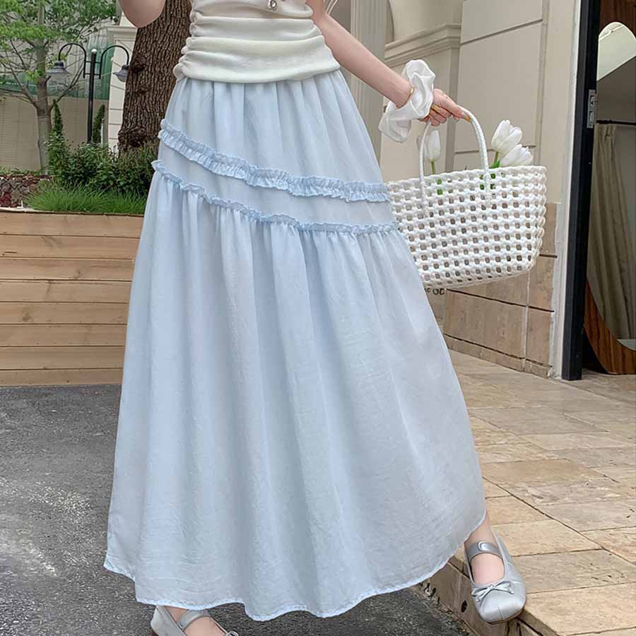 ショッピングゴー shoppinggo Aラインスカート レディース かわいい Aライン マキシ丈 フレアスカート ロング ひざ下 フリル ハイウェスト ボトムス 着痩せ 通勤 オシャレ フレア裾 （ホワイト） ホワイト