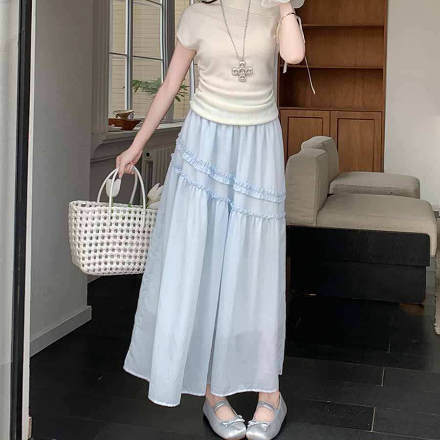 ショッピングゴー shoppinggo Aラインスカート レディース かわいい Aライン マキシ丈 フレアスカート ロング ひざ下 フリル ハイウェスト ボトムス 着痩せ 通勤 オシャレ フレア裾 （ホワイト） ホワイト