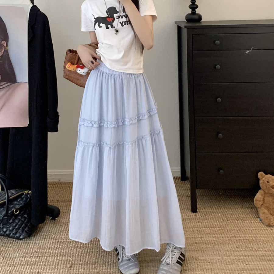 ショッピングゴー shoppinggo Aラインスカート レディース かわいい Aライン マキシ丈 フレアスカート ロング ひざ下 フリル ハイウェスト ボトムス 着痩せ 通勤 オシャレ フレア裾 （ホワイト） ホワイト