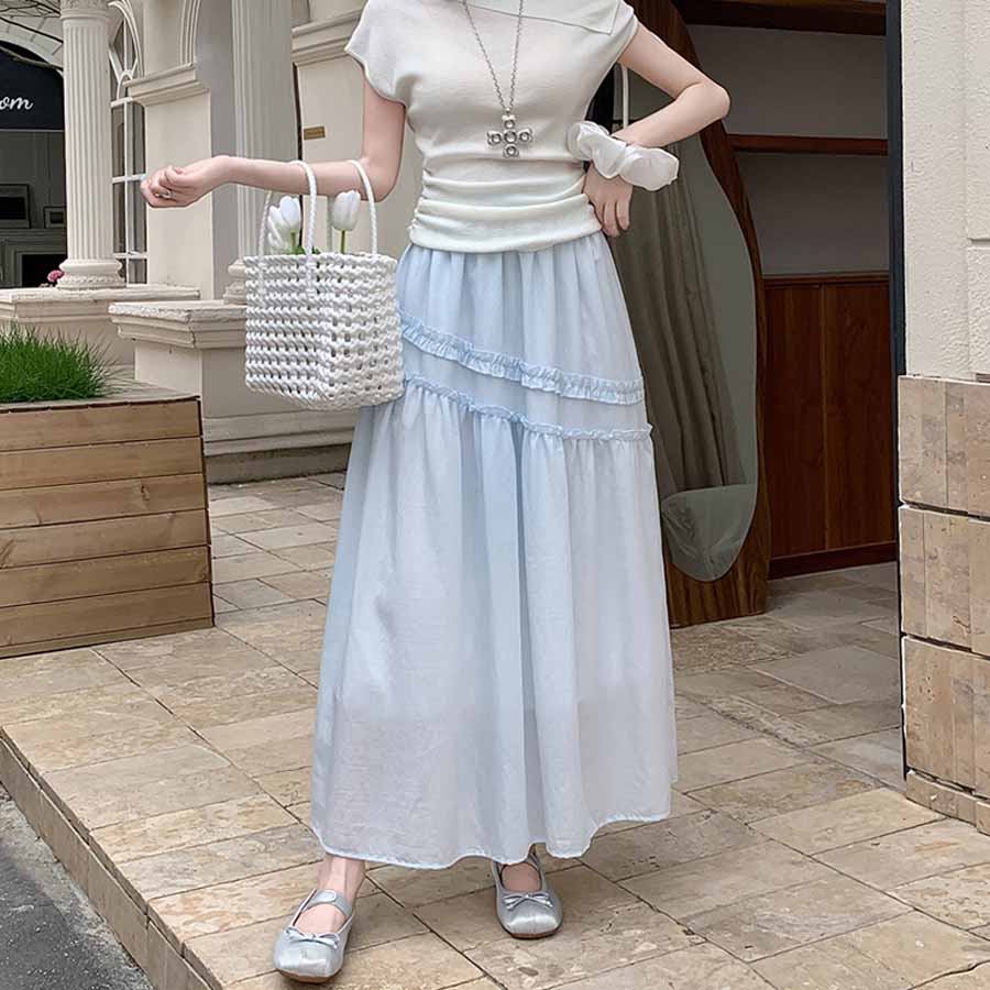 ショッピングゴー shoppinggo Aラインスカート レディース かわいい Aライン マキシ丈 フレアスカート ロング ひざ下 フリル ハイウェスト ボトムス 着痩せ 通勤 オシャレ フレア裾 （ブルー） ブルー