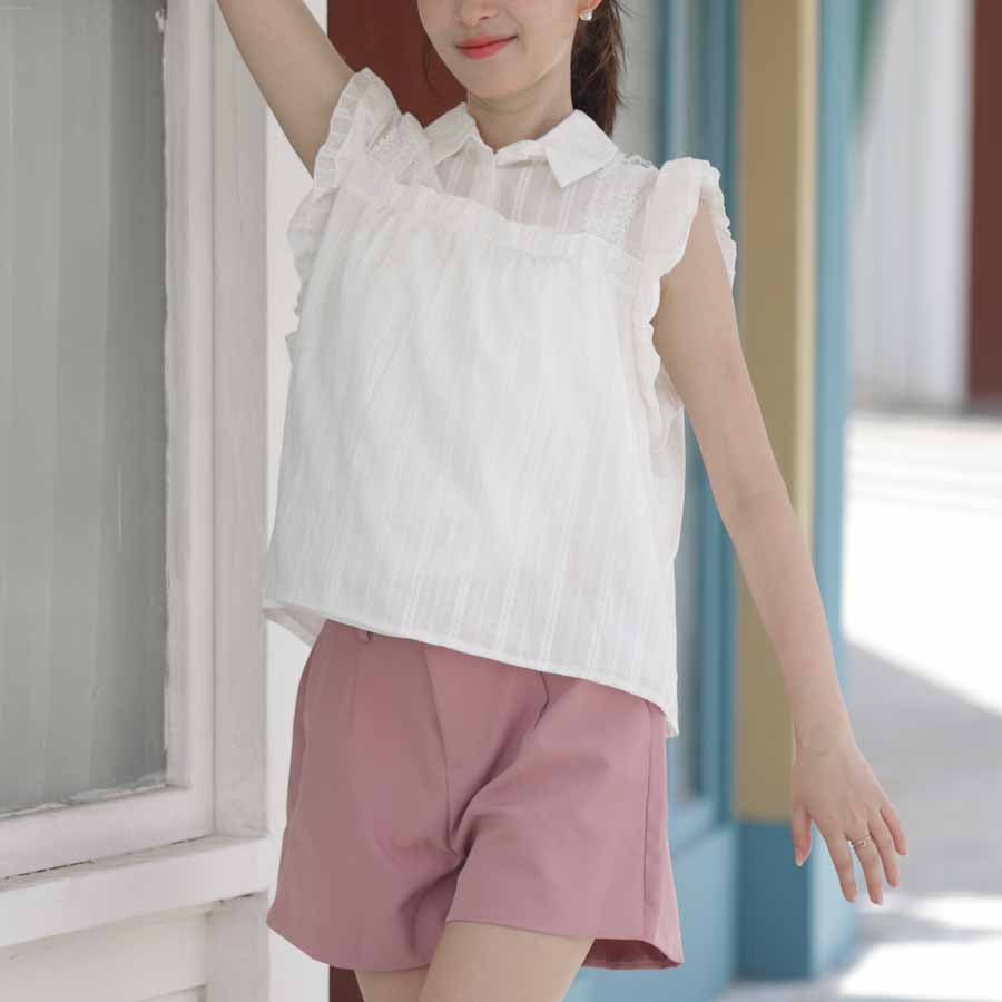 ショッピングゴー shoppinggo ブラウス 刺繍襟付き ノースリーブ シャツ レディース ブラウストップス シャツブラウス ゆったり夏 無地 袖なし ショートシャツ 大人ガーリー （ホワイト） ホワイト