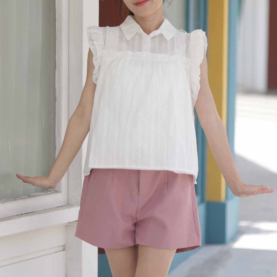 ショッピングゴー shoppinggo ブラウス 刺繍襟付き ノースリーブ シャツ レディース ブラウストップス シャツブラウス ゆったり夏 無地 袖なし ショートシャツ 大人ガーリー （ホワイト） ホワイト