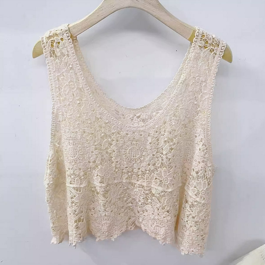 ショッピングゴー shoppinggo 透かし編みメッシュニット ノースリーブトップス サマーニット タン スリム 透け感 ニットトップス 女性 ス 羽織り 半袖 前ボタン フラワー 花柄 シースルー 婦人服 （ベージュ） ベージュ