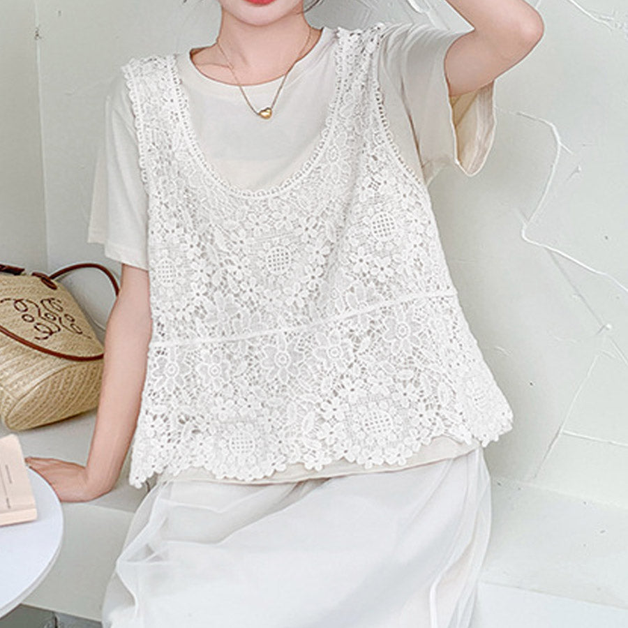 ショッピングゴー shoppinggo 透かし編みメッシュニット ノースリーブトップス サマーニット タン スリム 透け感 ニットトップス 女性 ス 羽織り 半袖 前ボタン フラワー 花柄 シースルー 婦人服 （ベージュ） ベージュ