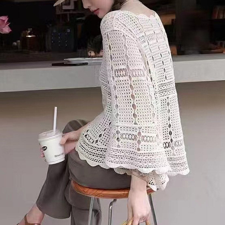 ショッピングゴー shoppinggo ニット 透かし編み シアーニット 透かし編みニット レディース 長袖クロシェ編みトップス 薄い ラウンドネック レトロ 透け感ニット 薄い シンプル アウター 無地 （ホワイト） ホワイト