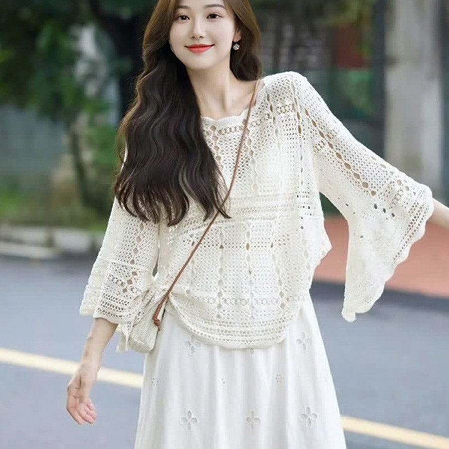 ショッピングゴー shoppinggo ニット 透かし編み シアーニット 透かし編みニット レディース 長袖クロシェ編みトップス 薄い ラウンドネック レトロ 透け感ニット 薄い シンプル アウター 無地 （ホワイト） ホワイト