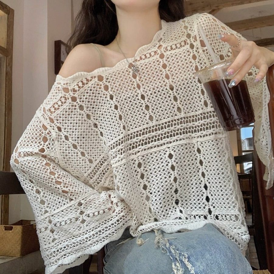 ショッピングゴー shoppinggo ニット 透かし編み シアーニット 透かし編みニット レディース 長袖クロシェ編みトップス 薄い ラウンドネック レトロ 透け感ニット 薄い シンプル アウター 無地 （ホワイト） ホワイト