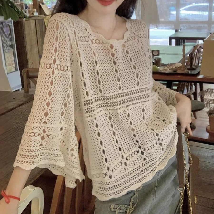 ショッピングゴー shoppinggo ニット 透かし編み シアーニット 透かし編みニット レディース 長袖クロシェ編みトップス 薄い ラウンドネック レトロ 透け感ニット 薄い シンプル アウター 無地 （ホワイト） ホワイト