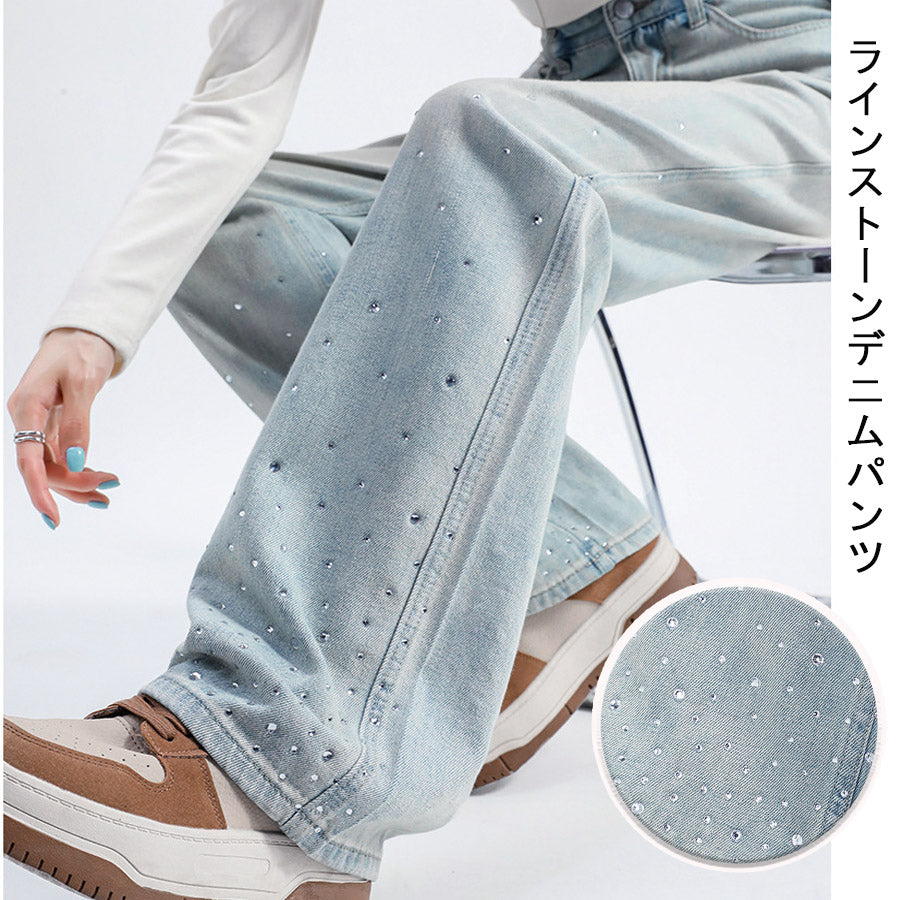 ショッピングゴー shoppinggo ラインストーンデニムパンツ ビジュジーパン ベルボトム ジーンズパンツ ボトムス 大人 かわいい レディース 韓国ファッション （ライトブルー） ライトブルー
