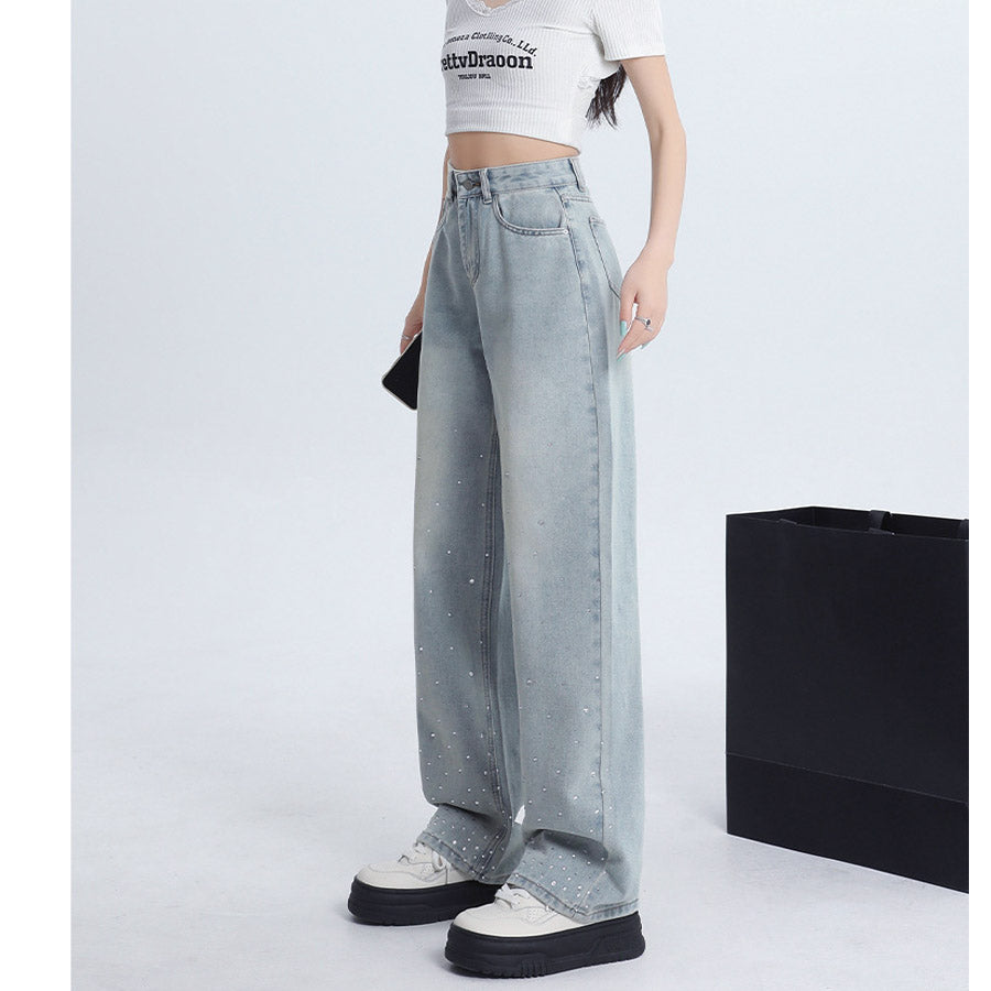 ショッピングゴー shoppinggo ラインストーンデニムパンツ ビジュジーパン ベルボトム ジーンズパンツ ボトムス 大人 かわいい レディース 韓国ファッション （ライトブルー） ライトブルー