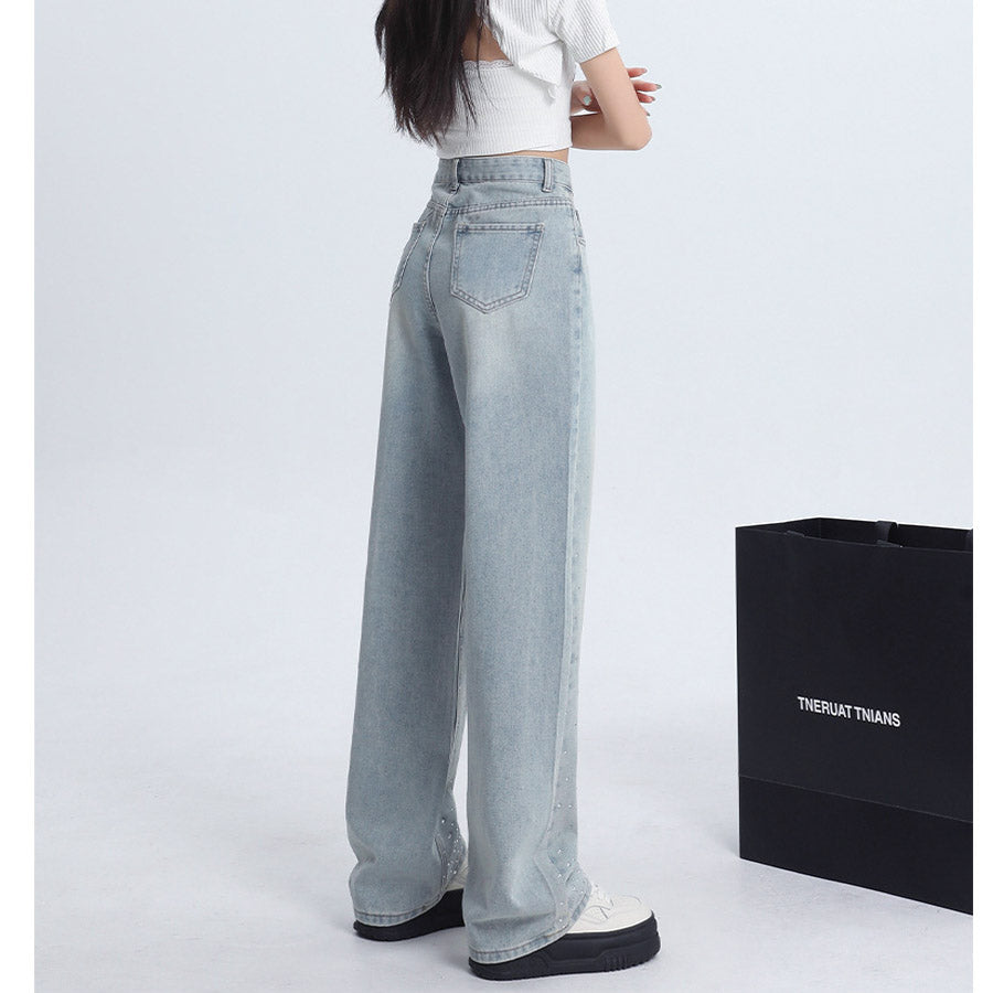 ショッピングゴー shoppinggo ラインストーンデニムパンツ ビジュジーパン ベルボトム ジーンズパンツ ボトムス 大人 かわいい レディース 韓国ファッション （ライトブルー） ライトブルー
