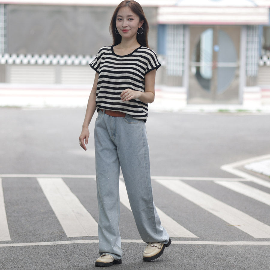 ショッピングゴー shoppinggo ラインストーンデニムパンツ ビジュジーパン ベルボトム ジーンズパンツ ボトムス 大人 かわいい レディース 韓国ファッション （ライトブルー） ライトブルー