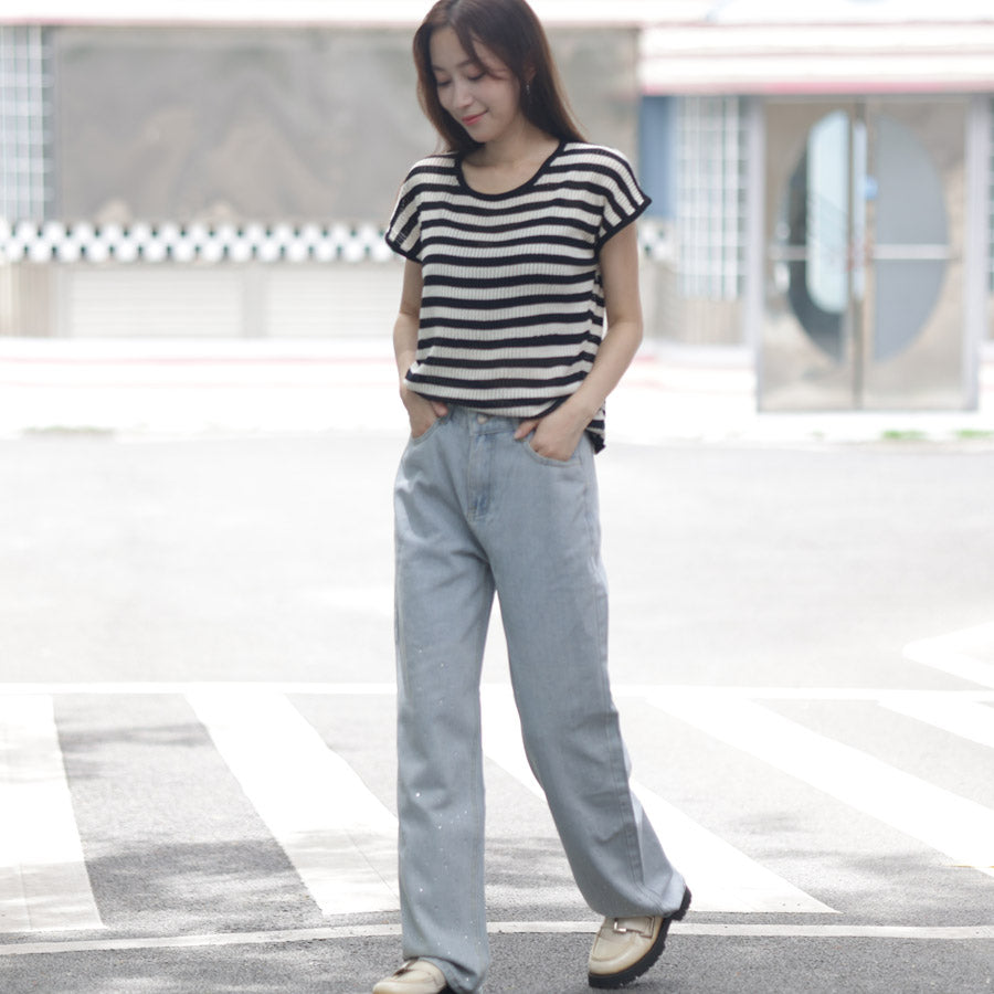 ショッピングゴー shoppinggo ラインストーンデニムパンツ ビジュジーパン ベルボトム ジーンズパンツ ボトムス 大人 かわいい レディース 韓国ファッション （ライトブルー） ライトブルー