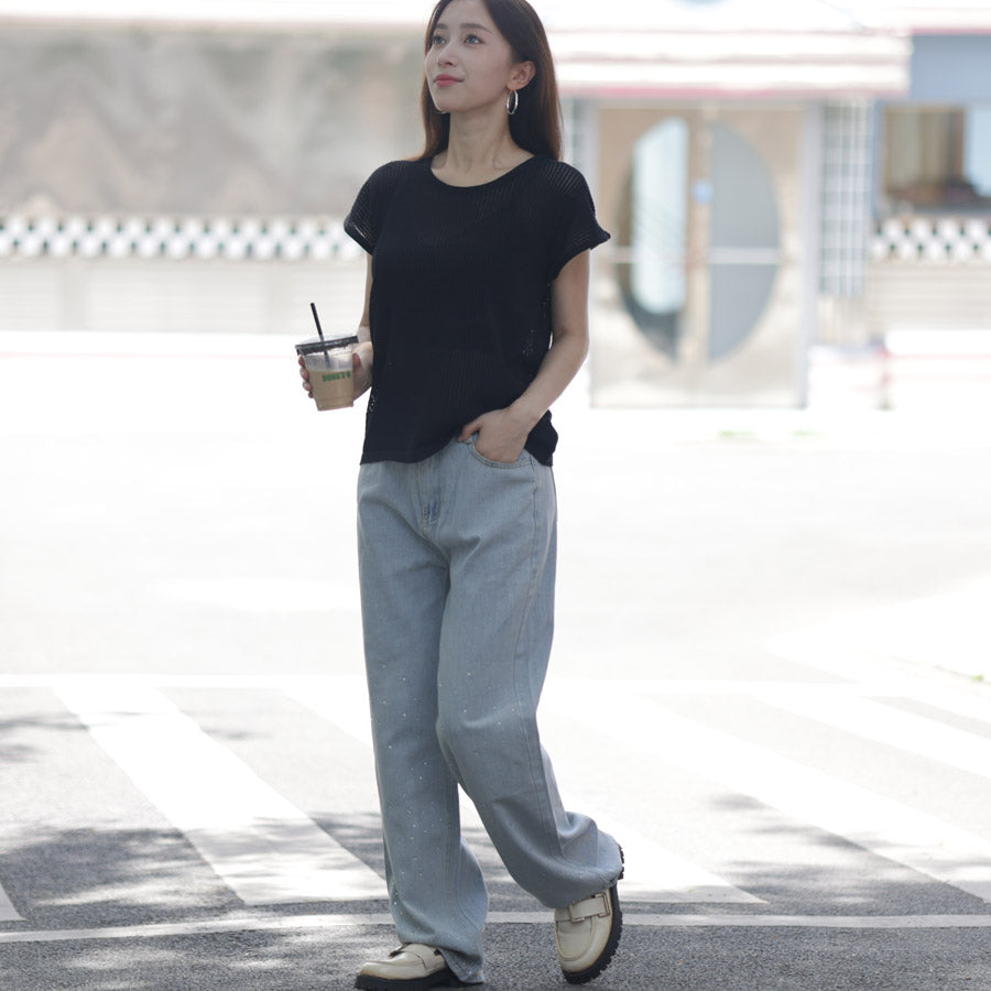 ショッピングゴー shoppinggo ラインストーンデニムパンツ ビジュジーパン ベルボトム ジーンズパンツ ボトムス 大人 かわいい レディース 韓国ファッション （ライトブルー） ライトブルー
