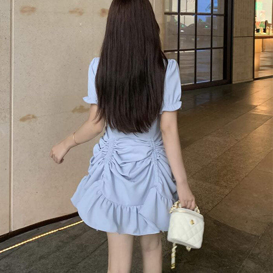 ショッピングゴー shoppinggo ロングワンピース フレア 4way 半袖  無地 クエアネック ロングフレアワンピース モレ丈 Aライン デート お出かけ きれいめ 無地  速乾 オフィス フォーマル 黒 丸首 伸縮性 マタニティ （ブルー） ブルー