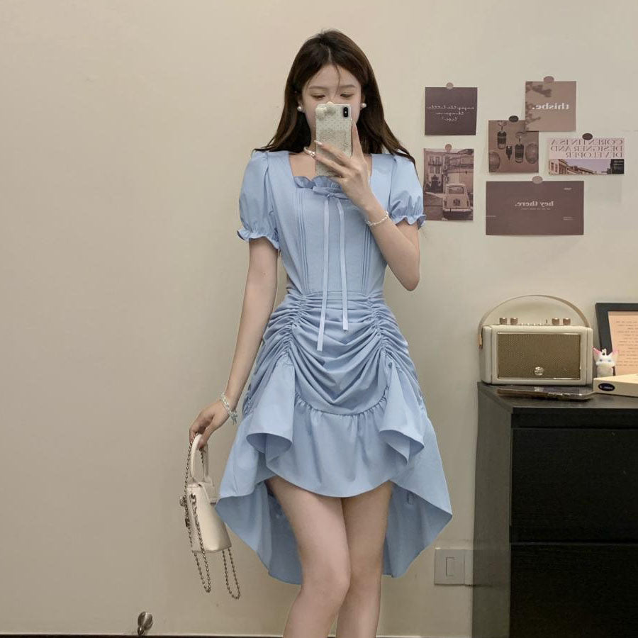 ショッピングゴー shoppinggo ロングワンピース フレア 4way 半袖  無地 クエアネック ロングフレアワンピース モレ丈 Aライン デート お出かけ きれいめ 無地  速乾 オフィス フォーマル 黒 丸首 伸縮性 マタニティ （ブルー） ブルー