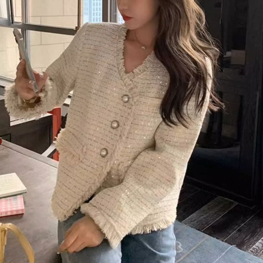 ショッピングゴー shoppinggo ジャケット ツイード柄 ノーカラー カーディガン ジャケット レディース アウター コート 通勤 オフィス 着痩せ ショート丈 長袖 秋新作 秋冬 ツイードニット （ベージュ） ベージュ