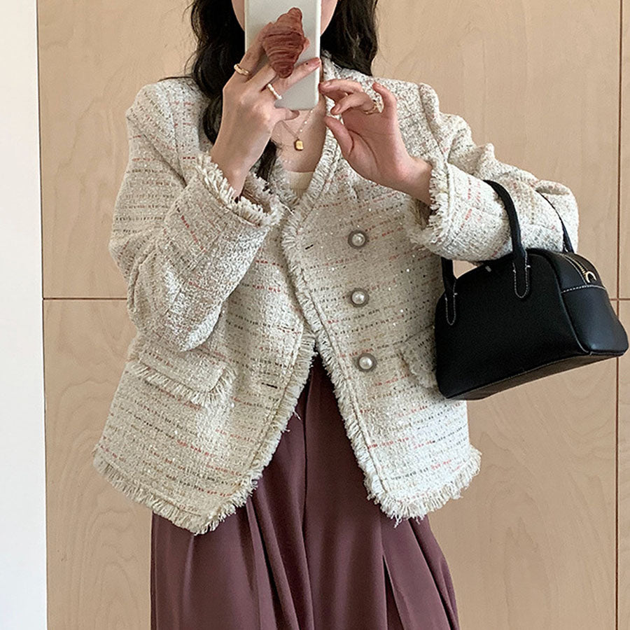 ショッピングゴー shoppinggo ジャケット ツイード柄 ノーカラー カーディガン ジャケット レディース アウター コート 通勤 オフィス 着痩せ ショート丈 長袖 秋新作 秋冬 ツイードニット （ベージュ） ベージュ