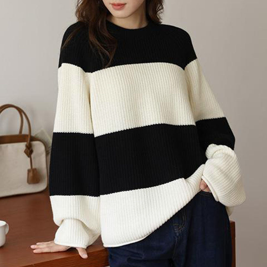 ショッピングゴー shoppinggo ニットセーター ボーダー柄 シンプル レディース ニット ゆったり  ニットソー 着痩せ ボーダー柄 ファッション （ホワイトブラック） ホワイトブラック