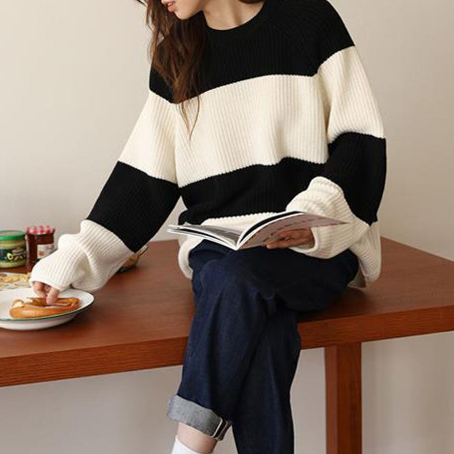 ショッピングゴー shoppinggo ニットセーター ボーダー柄 シンプル レディース ニット ゆったり  ニットソー 着痩せ ボーダー柄 ファッション （ホワイトブラック） ホワイトブラック