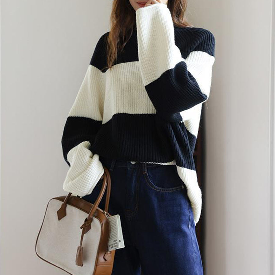 ショッピングゴー shoppinggo ニットセーター ボーダー柄 シンプル レディース ニット ゆったり  ニットソー 着痩せ ボーダー柄 ファッション （ホワイトブラック） ホワイトブラック