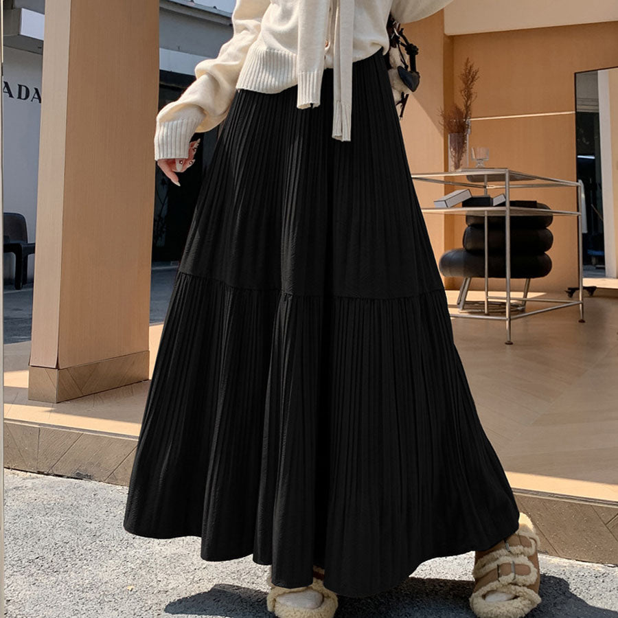 ショッピングゴー shoppinggo プリーツスカートロング黒 無地スカート ひざ下 フレアスカート ハイウェスト ボトムス 着痩せ 通勤 オシャレ Aラインスカート フレア裾 （ライトグレー） ライトグレー