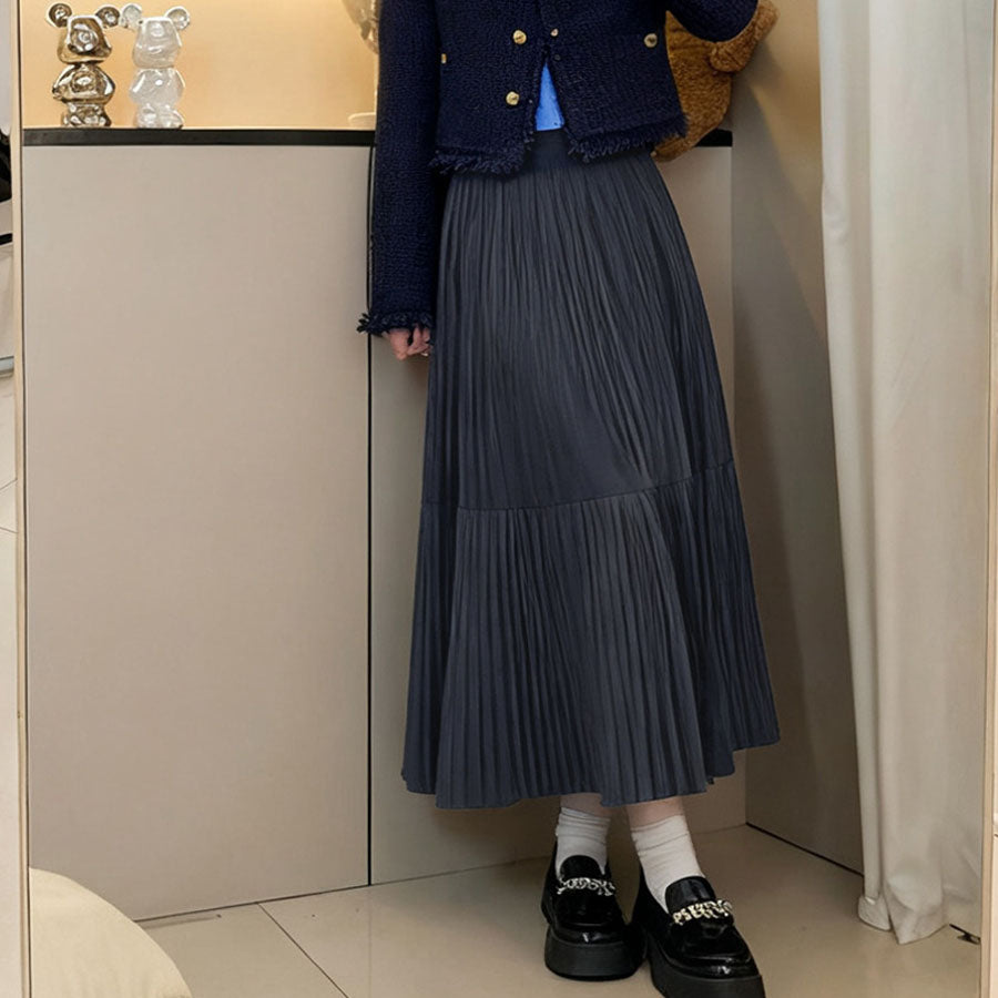 ショッピングゴー shoppinggo プリーツスカートロング黒 無地スカート ひざ下 フレアスカート ハイウェスト ボトムス 着痩せ 通勤 オシャレ Aラインスカート フレア裾 （ライトグレー） ライトグレー
