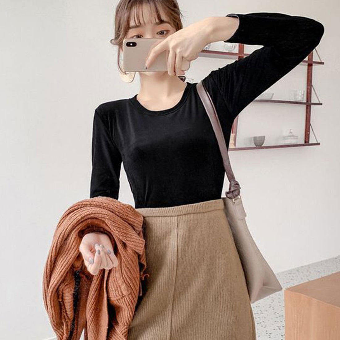 Shopping Go shoppinggo T-shirt long sleeve cut and sew velour innerwear top slim innerwear slimming body shape cover