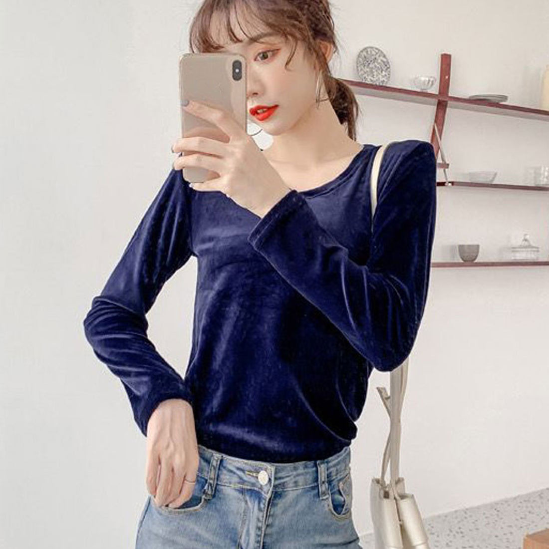Shopping Go shoppinggo T-shirt long sleeve cut and sew velour innerwear top slim innerwear slimming body shape cover