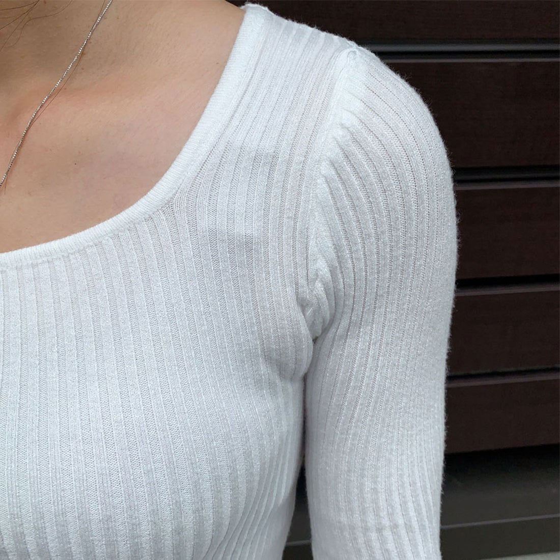Shoppinggo shoppinggo Women's knit sweater, long sleeve, U-neck, plain, slim fit, tunic, knitted sweater, ribbed knit, thin, Korean fashion, new arrivals