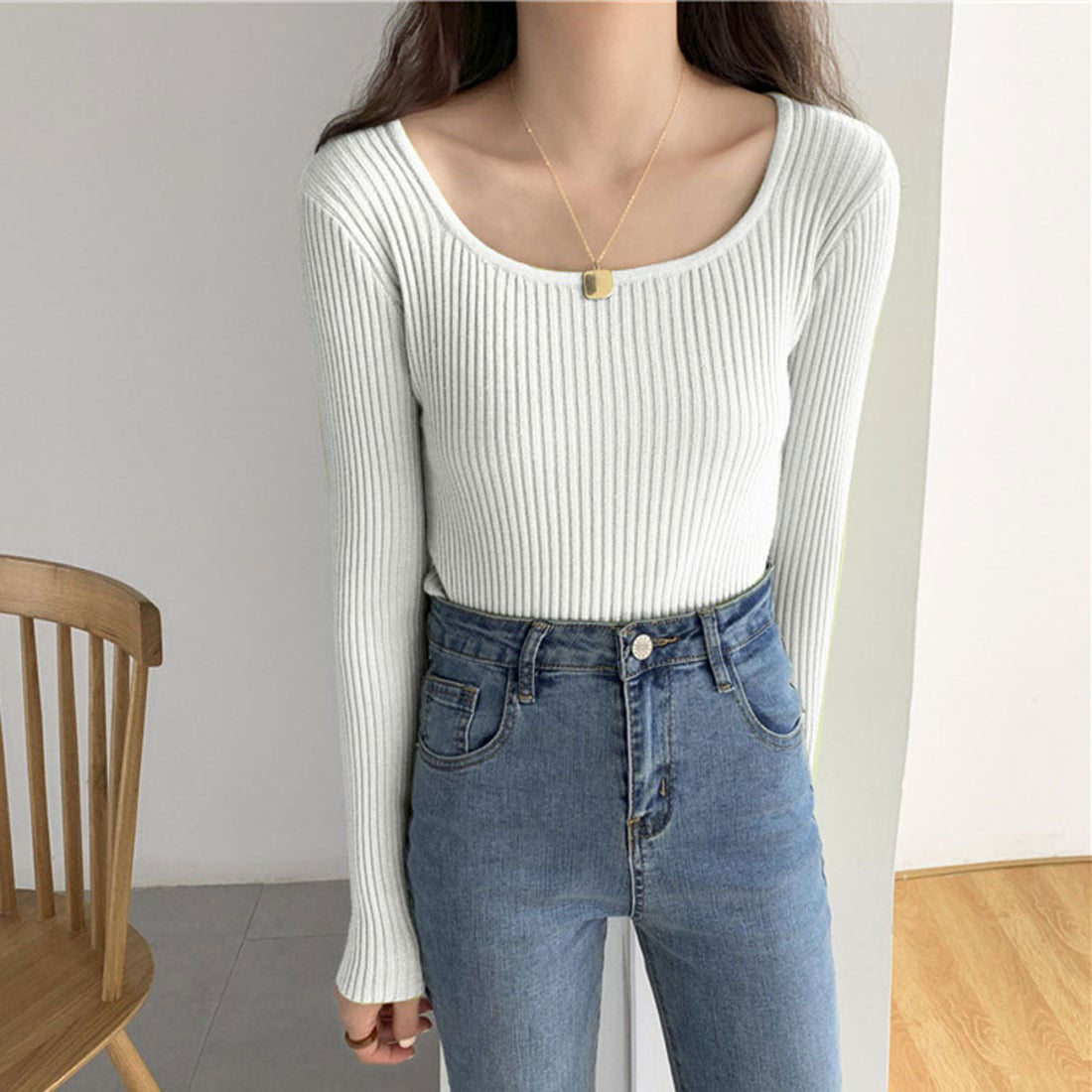 Shoppinggo shoppinggo Women's knit sweater, long sleeve, U-neck, plain, slim fit, tunic, knitted sweater, ribbed knit, thin, Korean fashion, new arrivals