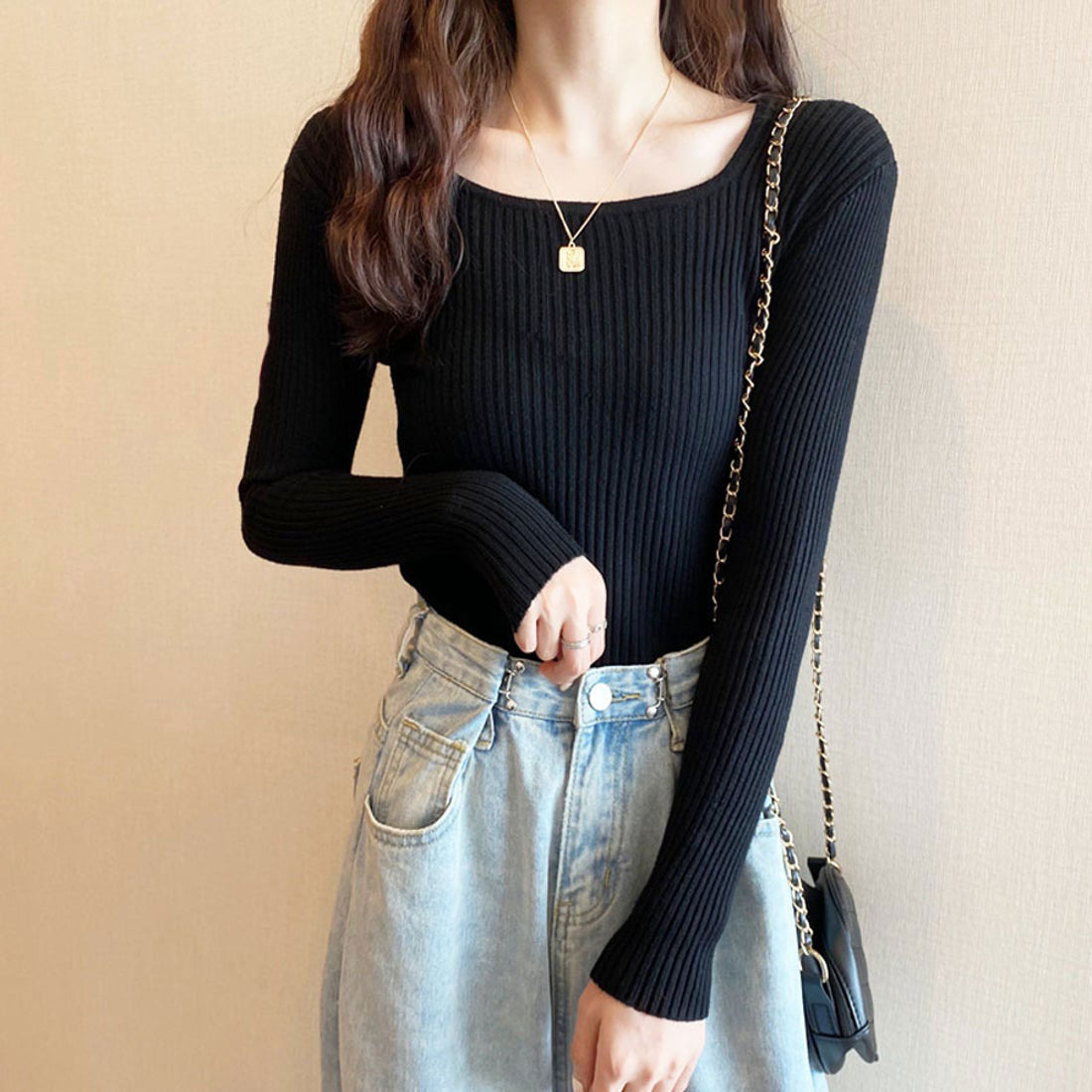 Shoppinggo shoppinggo Women's knit sweater, long sleeve, U-neck, plain, slim fit, tunic, knitted sweater, ribbed knit, thin, Korean fashion, new arrivals