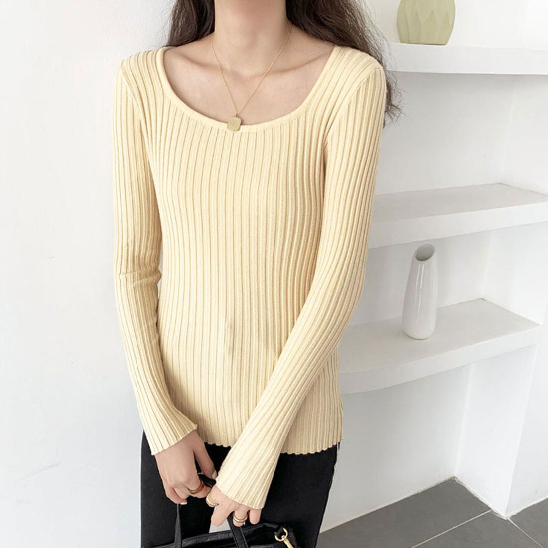 Shoppinggo shoppinggo Women's knit sweater, long sleeve, U-neck, plain, slim fit, tunic, knitted sweater, ribbed knit, thin, Korean fashion, new arrivals