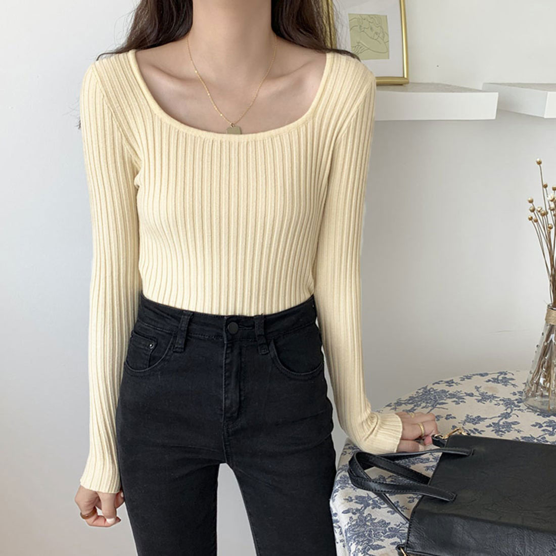Shoppinggo shoppinggo Women's knit sweater, long sleeve, U-neck, plain, slim fit, tunic, knitted sweater, ribbed knit, thin, Korean fashion, new arrivals