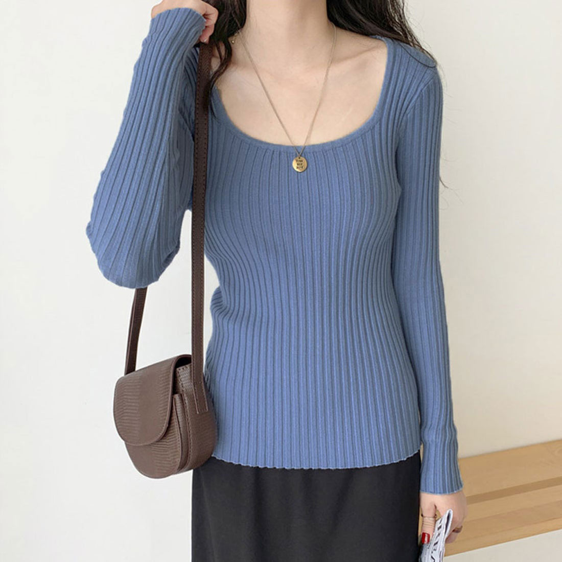 Shoppinggo shoppinggo Women's knit sweater, long sleeve, U-neck, plain, slim fit, tunic, knitted sweater, ribbed knit, thin, Korean fashion, new arrivals