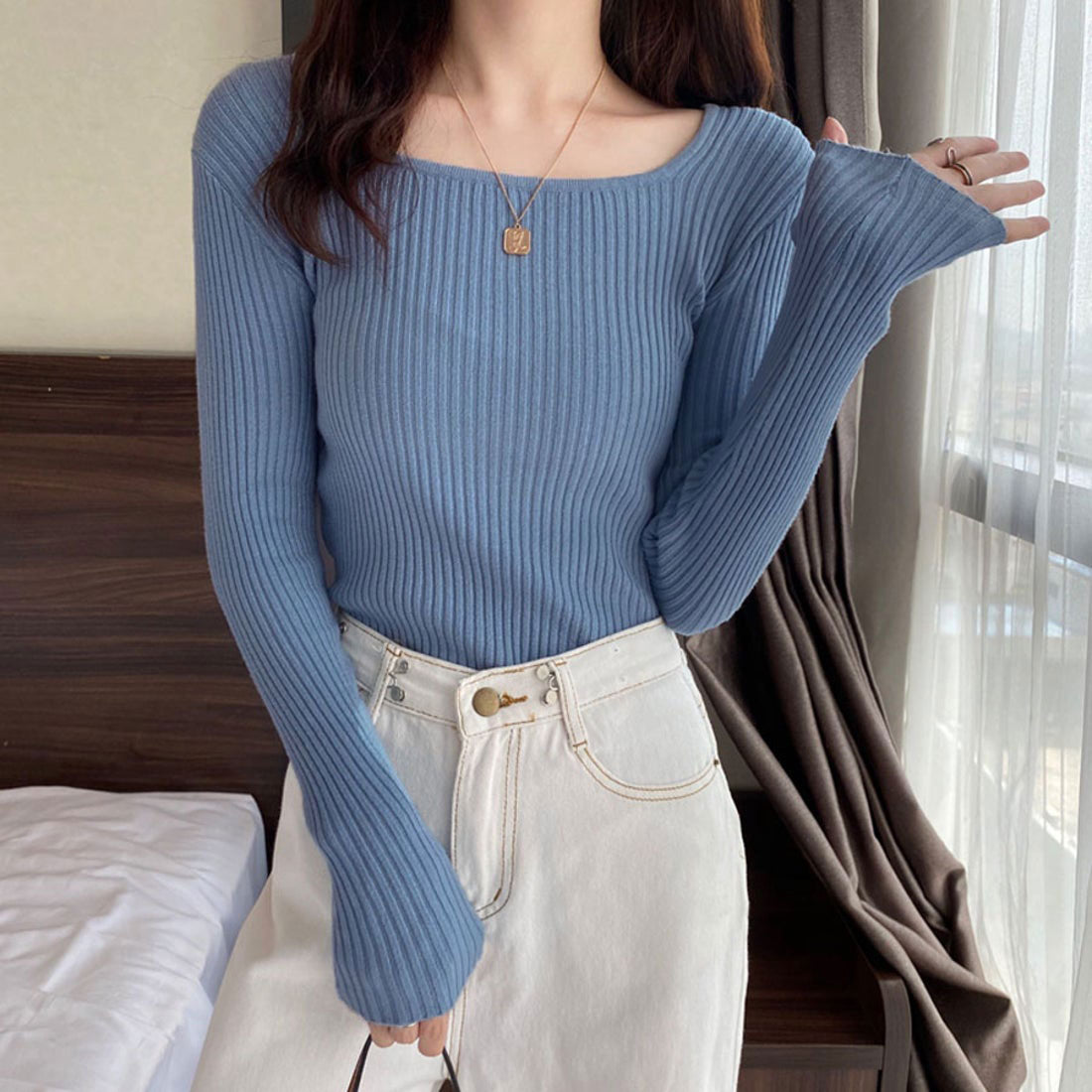 Shoppinggo shoppinggo Women's knit sweater, long sleeve, U-neck, plain, slim fit, tunic, knitted sweater, ribbed knit, thin, Korean fashion, new arrivals