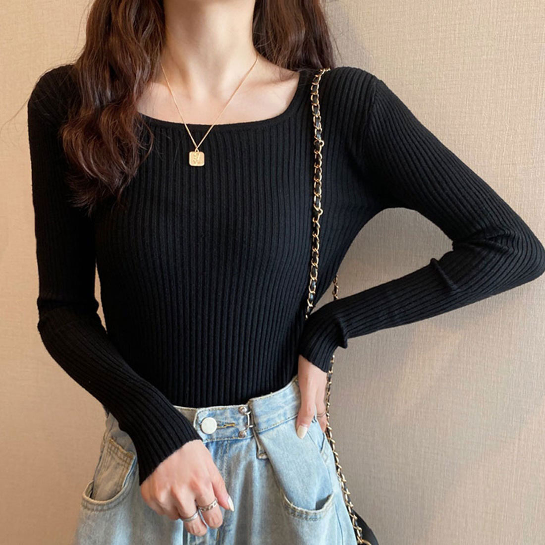Shoppinggo shoppinggo Women's knit sweater, long sleeve, U-neck, plain, slim fit, tunic, knitted sweater, ribbed knit, thin, Korean fashion, new arrivals
