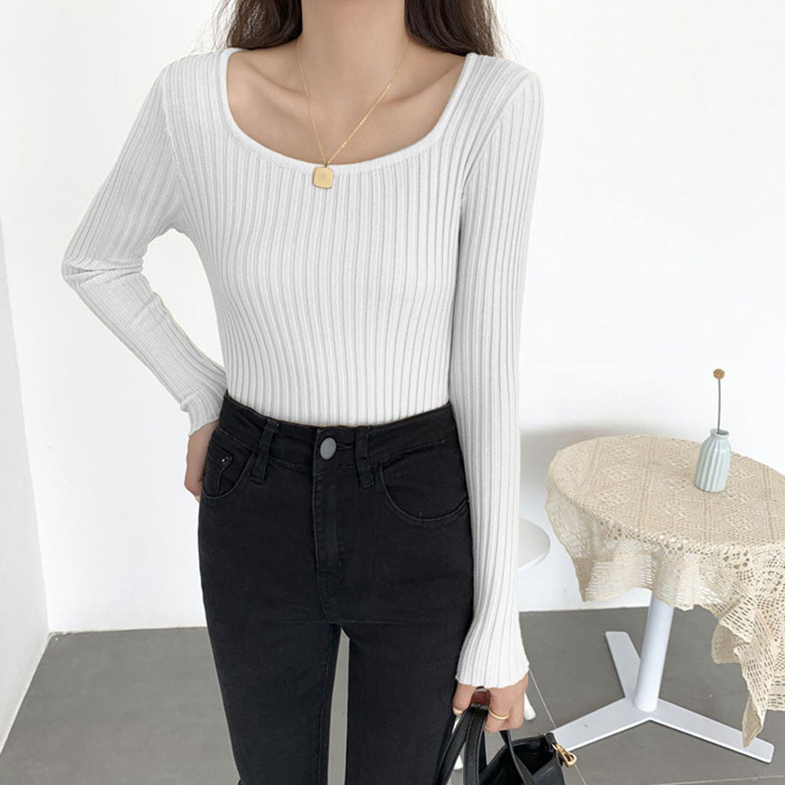 Shoppinggo shoppinggo Women's knit sweater, long sleeve, U-neck, plain, slim fit, tunic, knitted sweater, ribbed knit, thin, Korean fashion, new arrivals