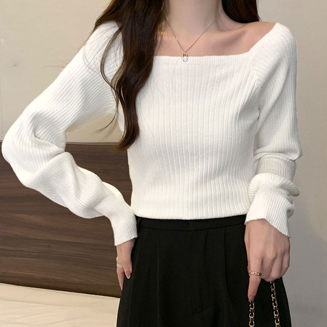 ショッピングゴー shoppinggo ニット トップス レディース韓国ファッション 長袖 ニット シンプル 通勤 オフィス （ブラック） ブラック