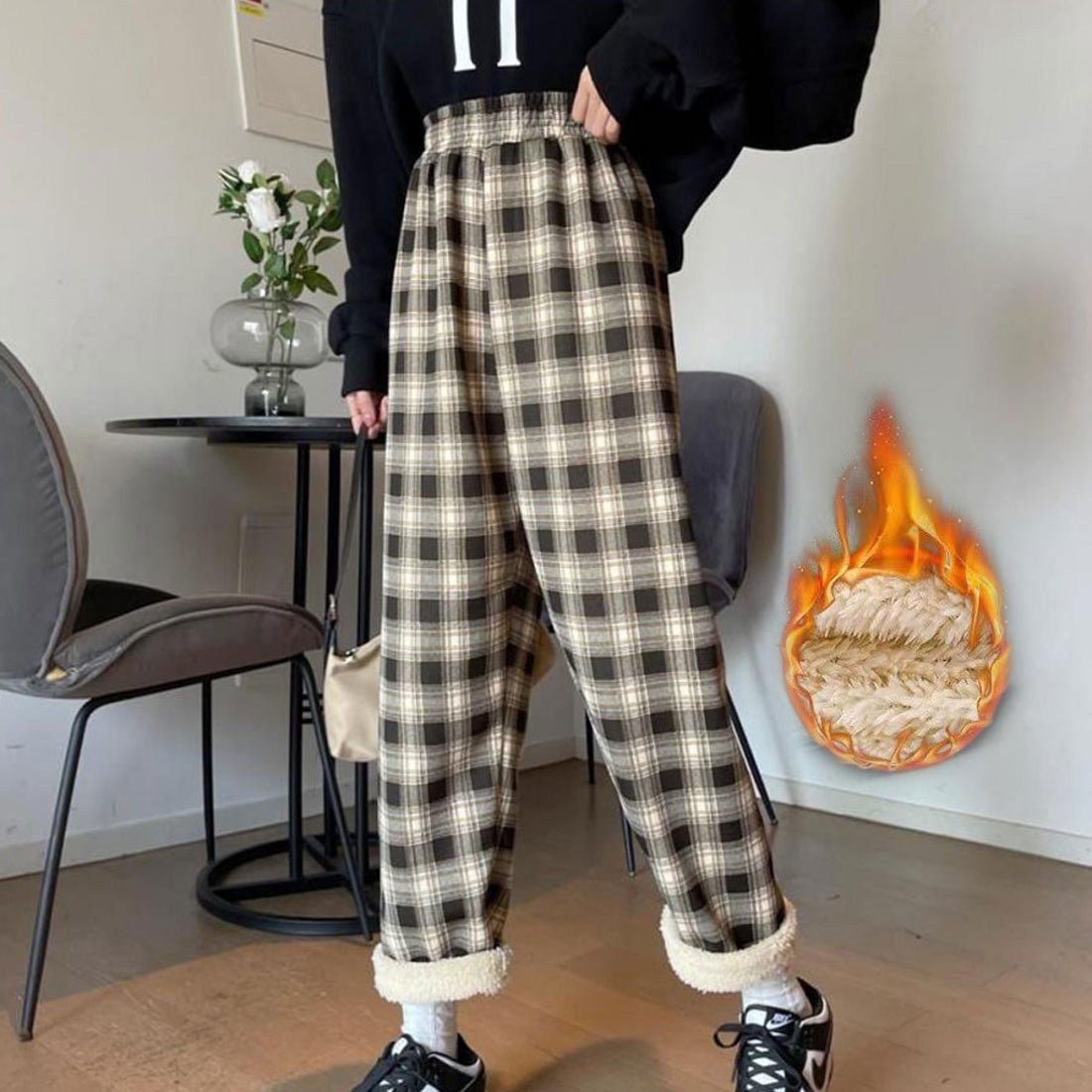 ショッピングゴー shoppinggo 裏起毛パンツ チェック柄パンツ ワイドパンツ レディース ストレート ウエストゴム パンツ ズボン ゆったり リラックスパンツ