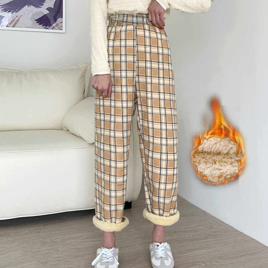 ショッピングゴー shoppinggo 裏起毛パンツ チェック柄パンツ ワイドパンツ レディース ストレート ウエストゴム パンツ ズボン ゆったり リラックスパンツ