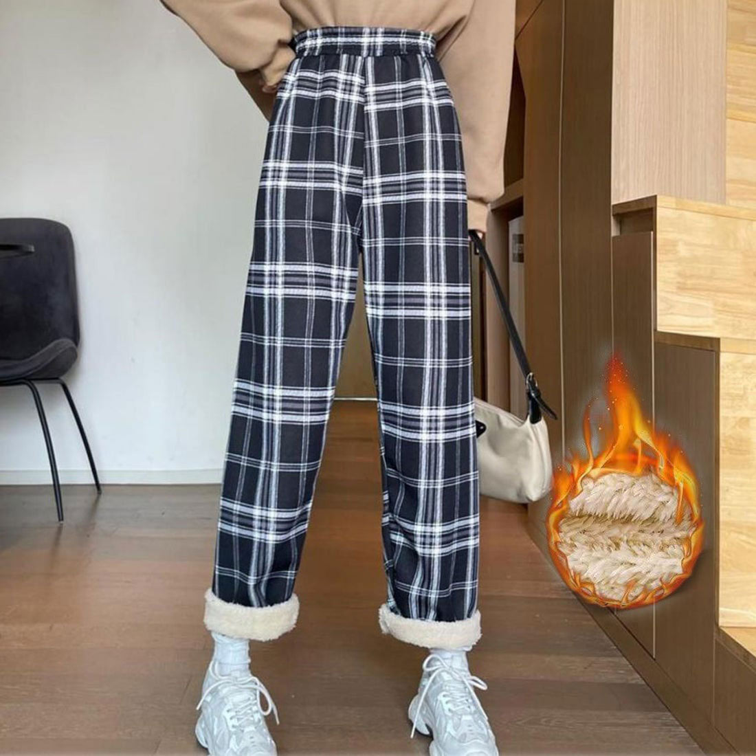 ショッピングゴー shoppinggo 裏起毛パンツ チェック柄パンツ ワイドパンツ レディース ストレート ウエストゴム パンツ ズボン ゆったり リラックスパンツ