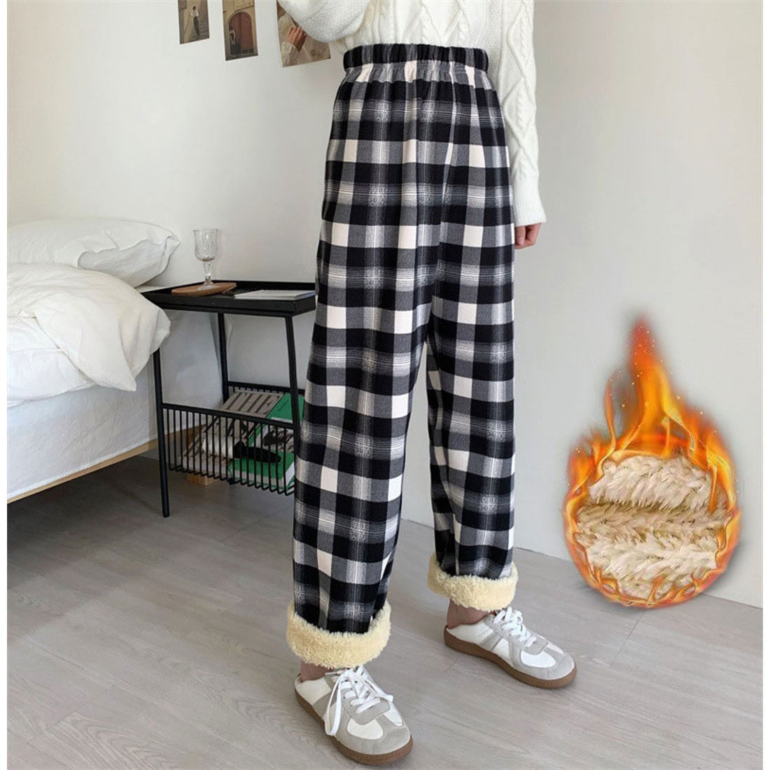 ショッピングゴー shoppinggo 裏起毛パンツ チェック柄パンツ ワイドパンツ レディース ストレート ウエストゴム パンツ ズボン ゆったり リラックスパンツ