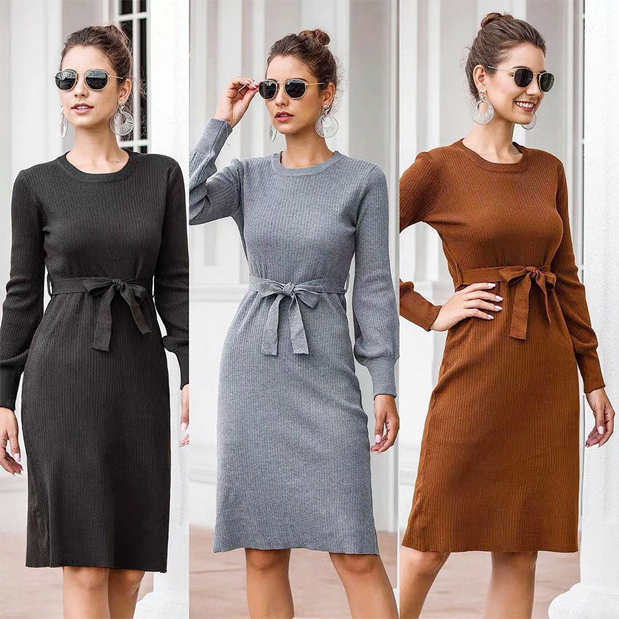 ショッピングゴー shoppinggo ニットロングワンピース 長袖 ウエストリボン リブニット バックスリット キレイめ 伸びるインナー使い