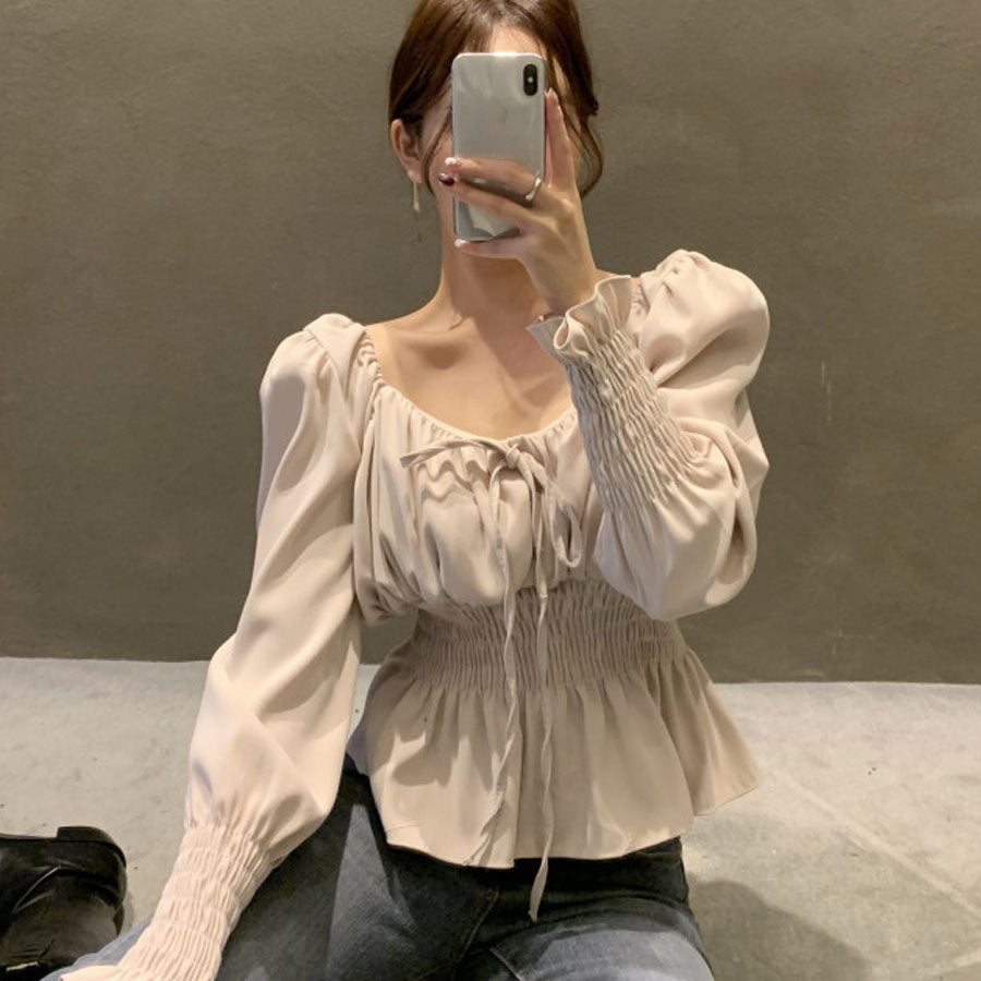 ショッピングゴー shoppinggo ブラウス レディース シャツ スクエアネックシャツ パフスリーブトップス オシャレブラウス 韓国風  大人可愛い