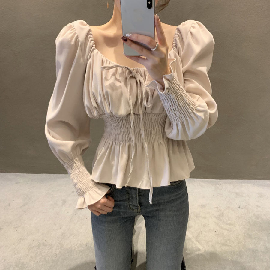 ショッピングゴー shoppinggo ブラウス レディース シャツ スクエアネックシャツ パフスリーブトップス オシャレブラウス 韓国風  大人可愛い