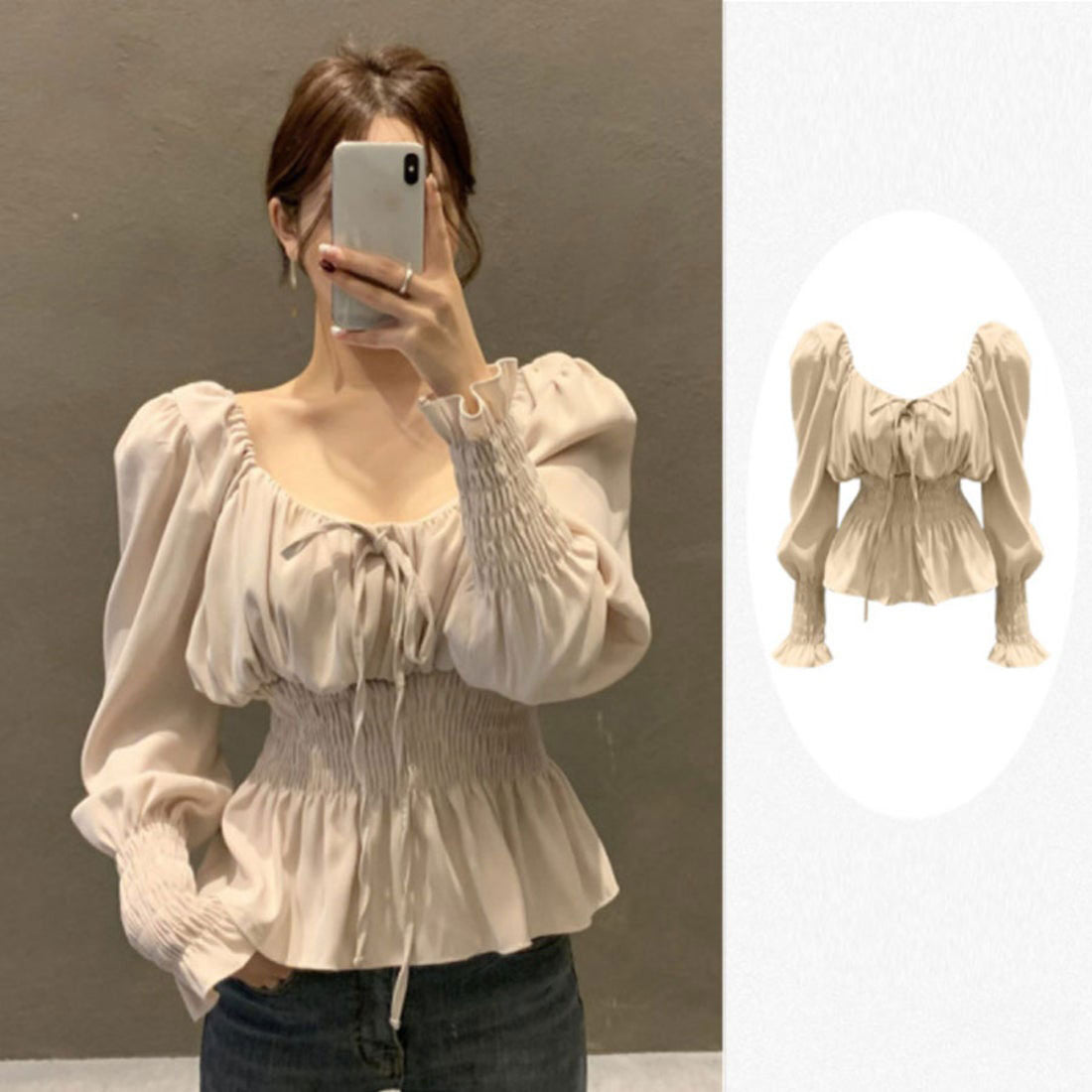 ショッピングゴー shoppinggo ブラウス レディース シャツ スクエアネックシャツ パフスリーブトップス オシャレブラウス 韓国風  大人可愛い （ベージュ） ベージュ