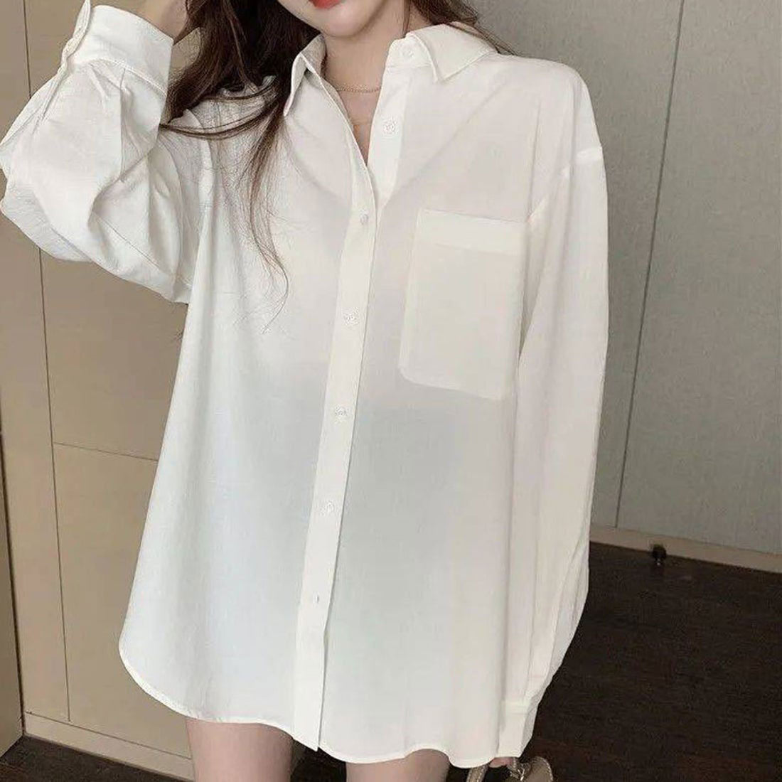 ショッピングゴー shoppinggo 白ブラウス シャツ レディースロングシャツ オフィスカジュアルトップス 韓国風