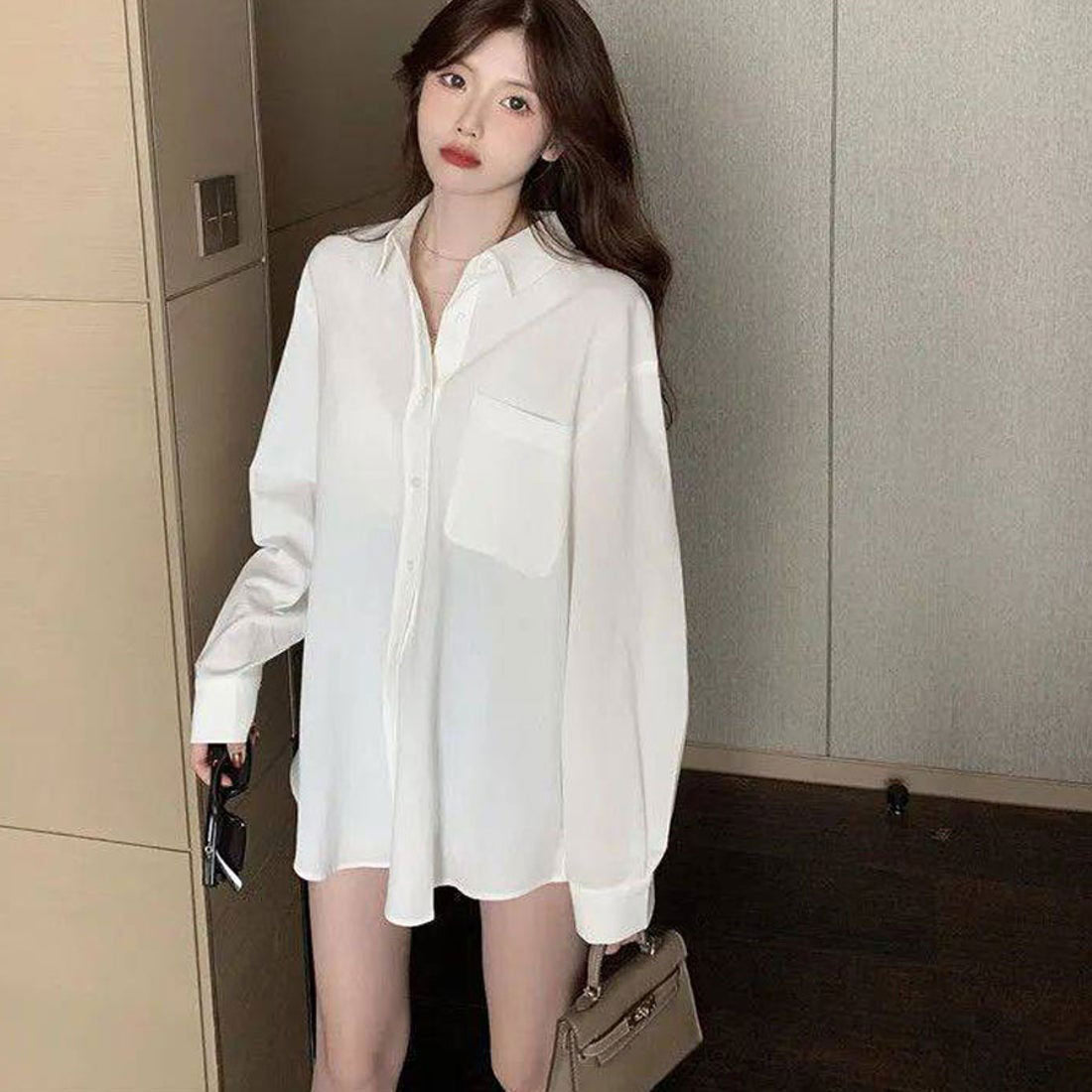 ショッピングゴー shoppinggo 白ブラウス シャツ レディースロングシャツ オフィスカジュアルトップス 韓国風